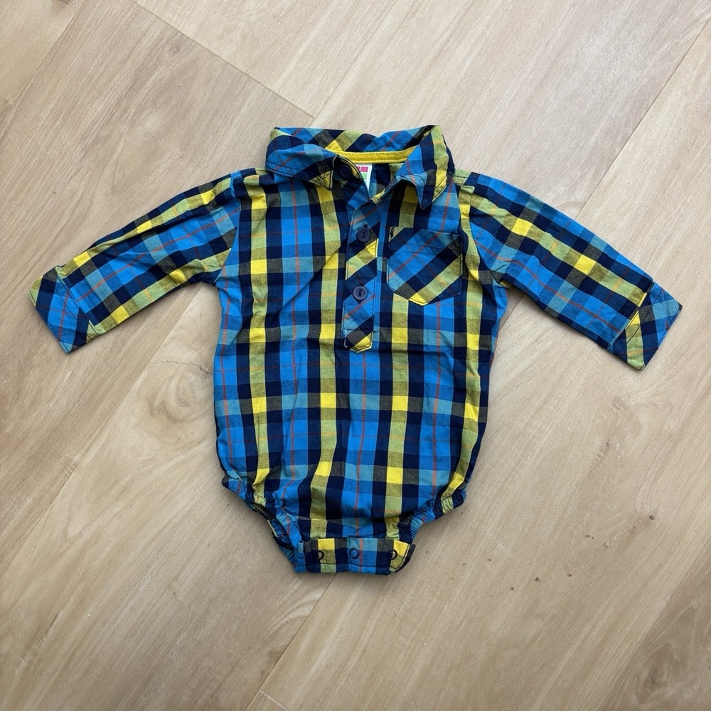 Vintage Healthtex Boys Romper 0-3 Months Plaid Blue And Yellow Long Sleeve Snap